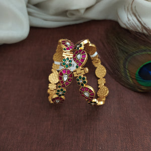 Gold-Replica Jadau Kundan Mango-Floral Kada Bangles (Screw Type)