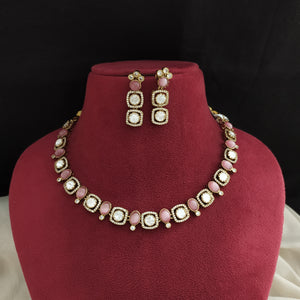 Simple Victorian Finish Moissanite Kundan Necklace Set with Matching Earrings