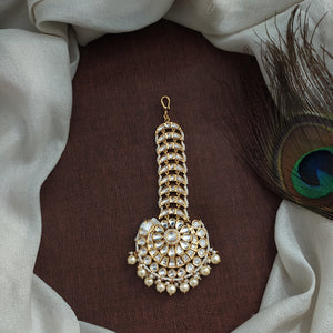 Polki Kundan White Tikka - Floral Design with Pearl Drops