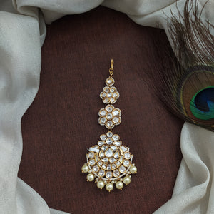 Polki Kundan White Tikka - Floral Design with Pearl Drops