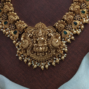 Antique Nakshi Work Lakshmi Necklace Set with Peacock Design