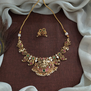 Fusion Traditional Antique Lakshmi-Mango Necklace Set with Moissanite & Kundan Stones