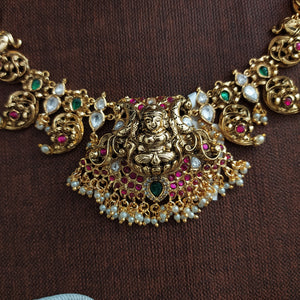 Fusion Traditional Antique Lakshmi-Mango Necklace Set with Moissanite & Kundan Stones