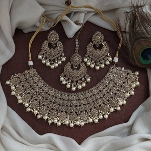 Polki Kundan Champagne Necklace Set with Chandbali Earrings & Tikka