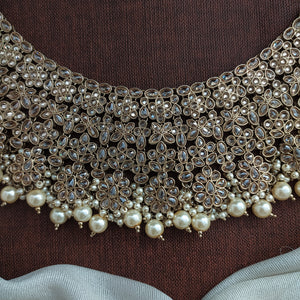 Polki Kundan Champagne Necklace Set with Chandbali Earrings & Tikka