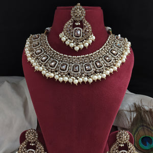 Polki Kundan Champagne Necklace Set with Chandbali Earrings & Tikka