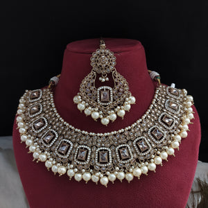 Polki Kundan Champagne Necklace Set with Chandbali Earrings & Tikka