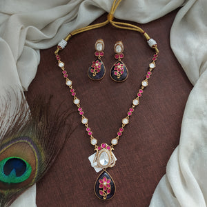 Kundan Necklace Set with Jadau Kundan, Quartz, and Moissanite Stones in White, Ruby, and Violet