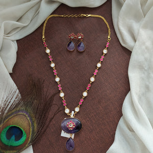 Kundan Necklace Set with Jadau Kundan, Quartz, and Moissanite Stones in White, Ruby, and Violet