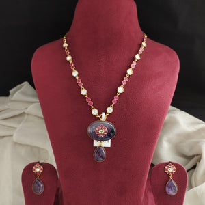 Kundan Necklace Set with Jadau Kundan, Quartz, and Moissanite Stones in White, Ruby, and Violet