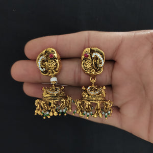 Pure Silver Antique Nakshi Work Peacock Jhumki with Zircon and Semi-Precious Stones