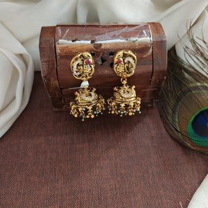 Pure Silver Antique Nakshi Work Peacock Jhumki with Zircon and Semi-Precious Stones