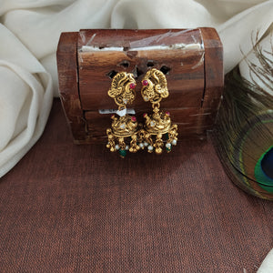 Pure Silver Antique Nakshi Work Peacock Jhumki with Zircon and Semi-Precious Stones