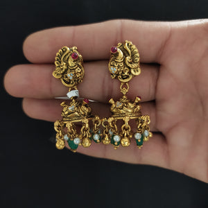 Pure Silver Antique Nakshi Work Peacock Jhumki with Zircon and Semi-Precious Stones