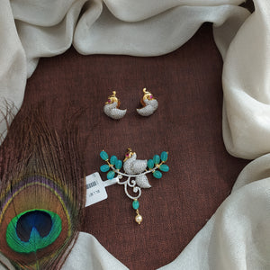 Pure Silver Peacock Pendant Set with CZ Stones Bead Work