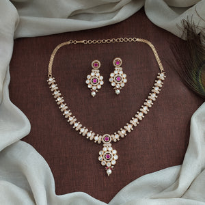 Gold Plated Kundan Necklace Set with Ruby Center & Uncut Diamond Stones