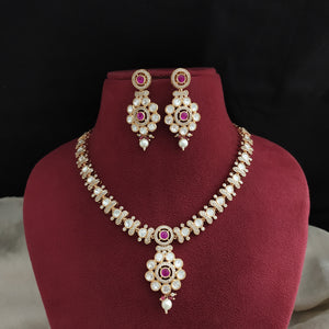 Gold Plated Kundan Necklace Set with Ruby Center & Uncut Diamond Stones
