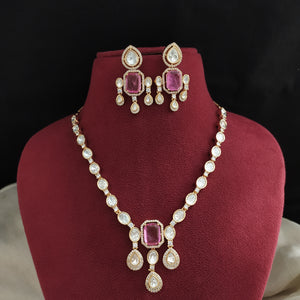 Designer Pendant Necklace Set in Pink with Uncut Diamond Stones