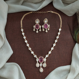 Designer Pendant Necklace Set in Pink with Uncut Diamond Stones