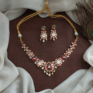 Red Meenakari Kundan Necklace Set with Navaratan Stones – Close Neck Design