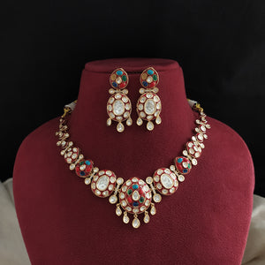 Red Meenakari Kundan Necklace Set with Navaratan Stones – Close Neck Design