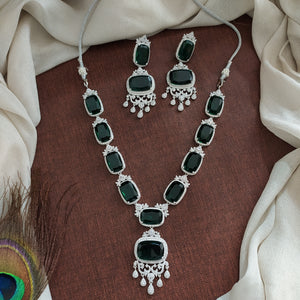 Rhodium-Silver Finish Zircon Necklace Set with Big AD &amp; CZ Stones