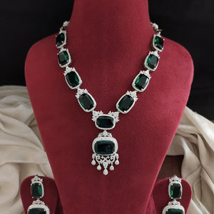 Rhodium-Silver Finish Zircon Necklace Set with Big AD &amp; CZ Stones