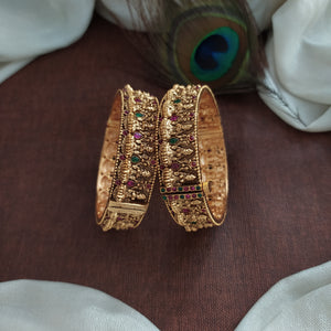 Matt Finish Lakshmi Kada Bangle with Kemp & Green Stones