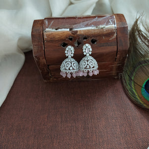 Silver Finish Mini Jhumki with Color Stones & Bead Hangings – Ruby, Baby Pink, Green