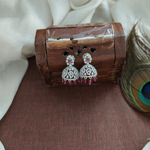 Silver Finish Mini Jhumki with Color Stones & Bead Hangings – Ruby, Baby Pink, Green