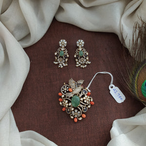 92.5 Pure Silver Moissanite Pendant Set – Peacock-Inspired Elegance