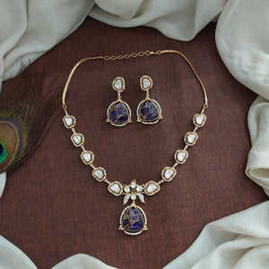 Uncut Diamond Kundan Necklace Set with Quartz Pendant – White & Blue