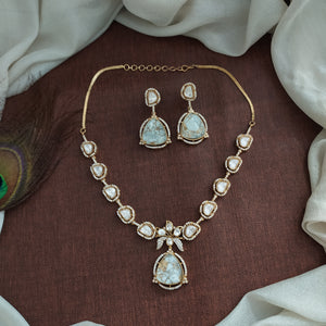 Uncut Diamond Kundan Necklace Set with Quartz Pendant – White & Blue