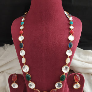 Sleek Navaratan Kundan Long Necklace Set with Moissanite & Quartz Stones