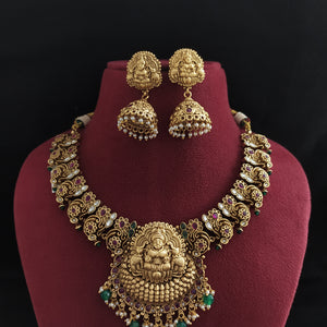 Antique Nakshi Lakshmi Necklace Set with Mango Design & Kemp Stones