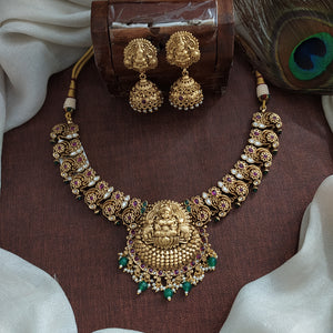 Antique Nakshi Lakshmi Necklace Set with Mango Design & Kemp Stones