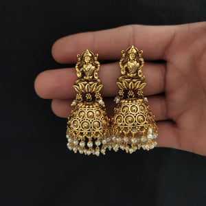 Antique Lakshmi Stud Jhumki – Plain Gold with Pearl Drops