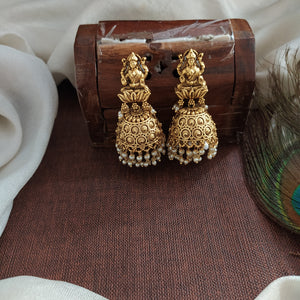 Antique Lakshmi Stud Jhumki – Plain Gold with Pearl Drops