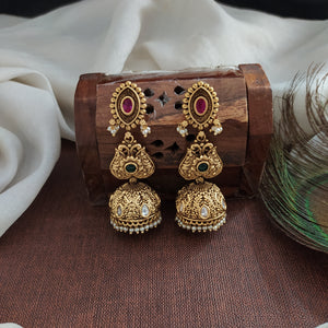 Antique Long Jhumki Earrings – White Kundan & Red-Green Kemp