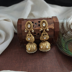 Antique Long Jhumki Earrings – White Kundan & Red-Green Kemp