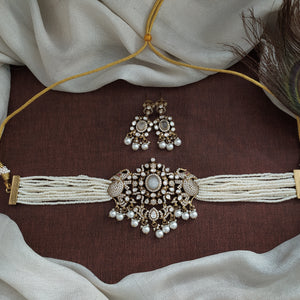 Victorian Pearl Choker Set with Elephant Motif – White, Coral, Violet, Ruby, Green, Blue, Mint, Baby Pink

