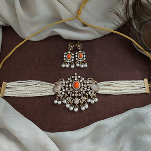 Victorian Pearl Choker Set with Elephant Motif – White, Coral, Violet, Ruby, Green, Blue, Mint, Baby Pink


