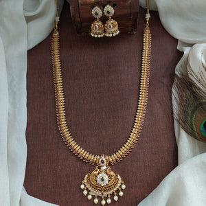 Antique Peacock Design Long Haram Set with Matching Jhumki – Intricate Nakshi Work & Push Back Closure

