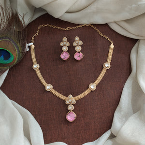 Designer Moissanite Short Necklace Set with Colored Center Stones – Baby Pink, Turquoise, Hydro Blue, Green, Black, Blue, Violet, White, Ruby