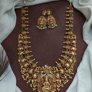 Antique Nakshi Lakshmi Long Haram Set with Jadau Kundan | Lakshmi & Peacock Motif | Matching Earrings

