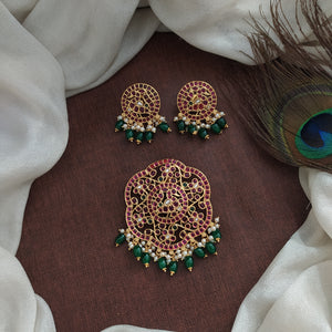 Traditional Kemp Stone Pendant Set with Peacock Design – Red-Green & Blue Variants