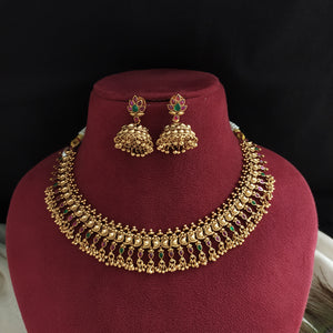 Antique Kerala Style Mango Design Necklace Set – Matte Copper Finish with Ruby & Green Stones