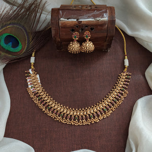 Antique Kerala Style Mango Design Necklace Set – Matte Copper Finish with Ruby & Green Stones
