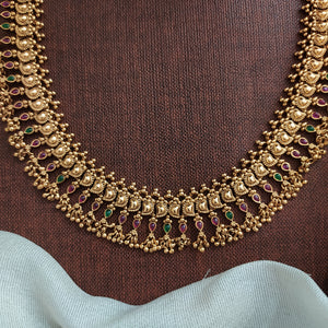 Antique Kerala Style Long Haram Set with Mango Design & Matching Jhumki – Matte Copper Finish

