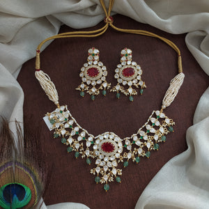 Moissanite Kundan Choker Necklace Set with Ruby Center & Mint Strawberry Beads